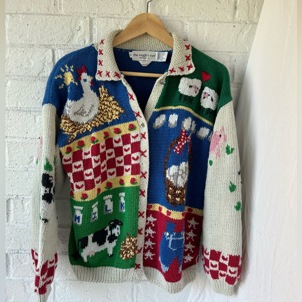 RARE Vintage Farm Sweater Eagle Eye 1991 Large cardigan cotton heart buttons